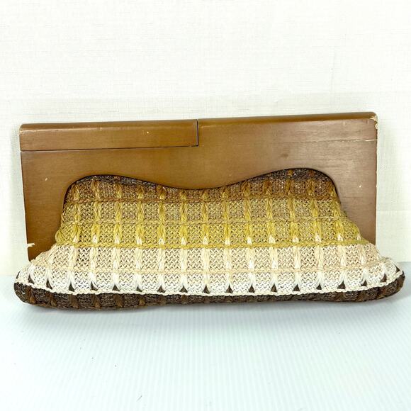 RETRO Woven Clutch Purse Wood Festival Boho Bohemian 70s Neutral Summer Fall - Picture 8 of 11